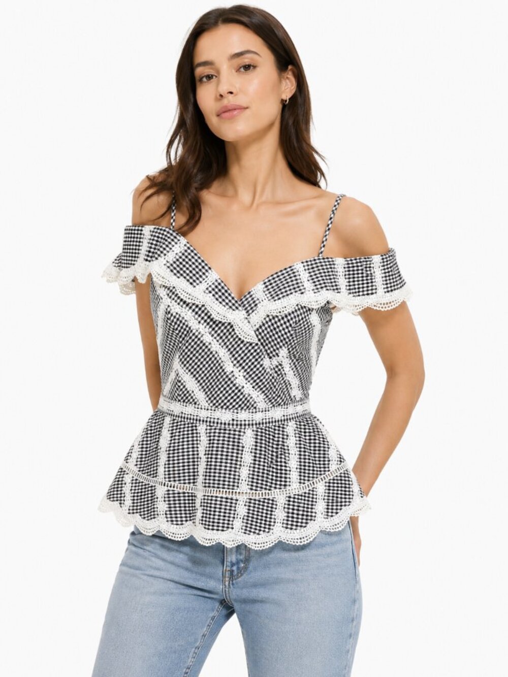 ADELYN RAE BLACK WHITE GINGHAM EMBROIDERED COLD SHOULDER PEPLUM TOP - S